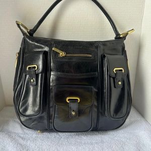 Charles David Munich Black Leather Zipper Hobo Style Handbag